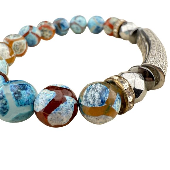 Dzi Agate Stretch Bracelet W/ Glass Crystal Embellishments & Cubic Zirconia Pave - Picture 2 of 6